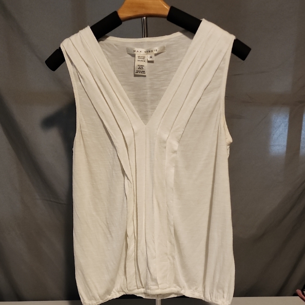 Max Studio White Pleated Tank Top